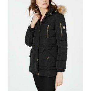 GUESS Faux-Fur-Trim Puffer Coat black
